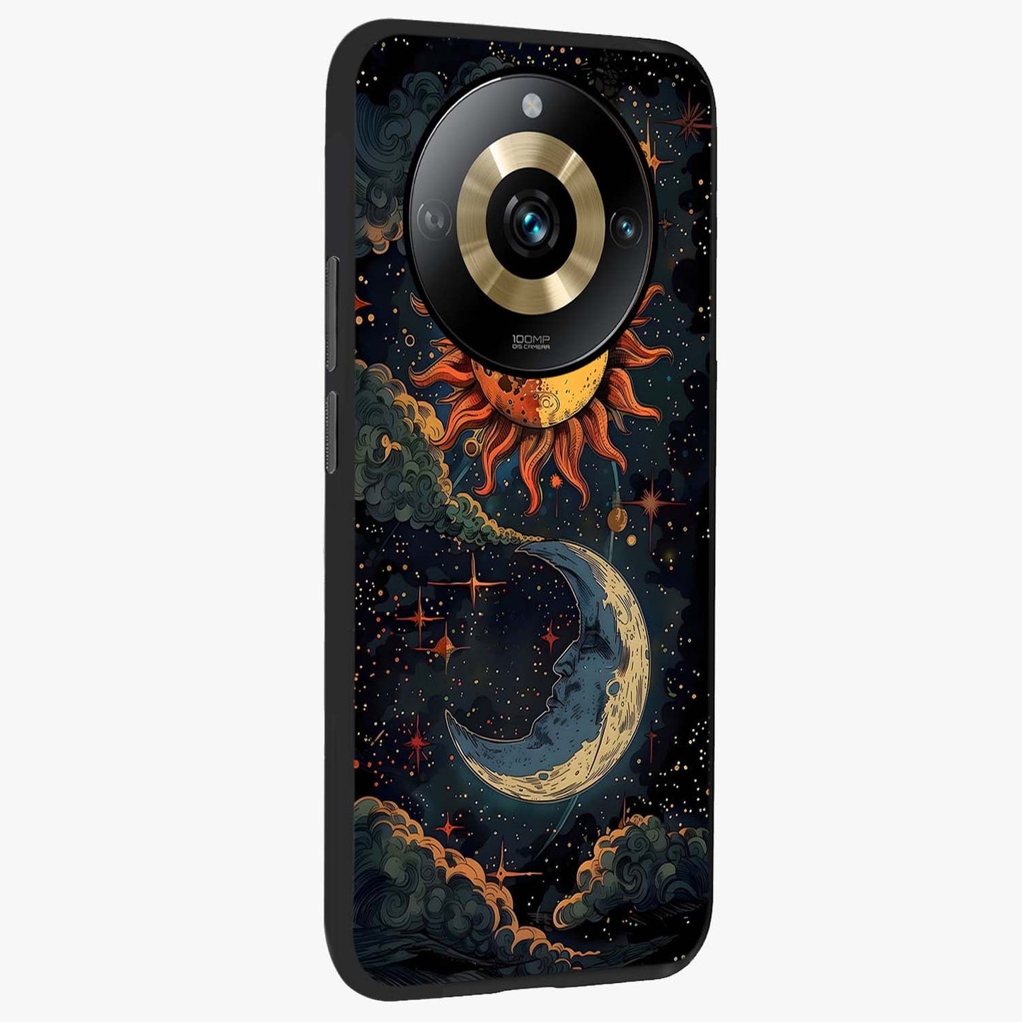 Sun And Moon Magic Design Glass Case upright view showcasing decorative sun and moon artwork with spiritual celestial theme.