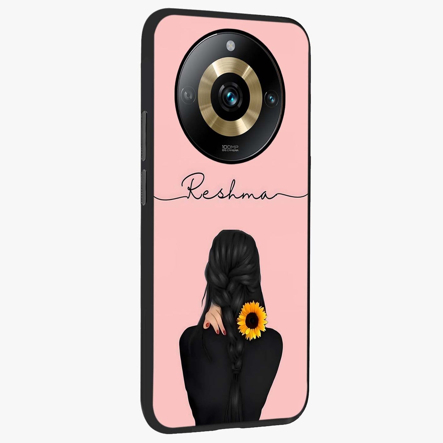 Sunflower Braid Beauty With Custom Name Glass Case upright view showcasing bright sunflower artwork with personalized floral aesthetic.