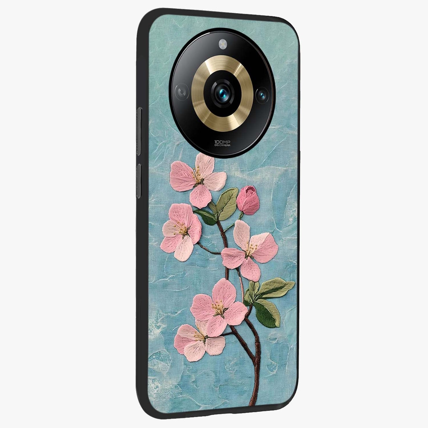 Threaded Blossom Breeze Glass Case upright view showcasing graceful flower artwork with calm botanical theme.