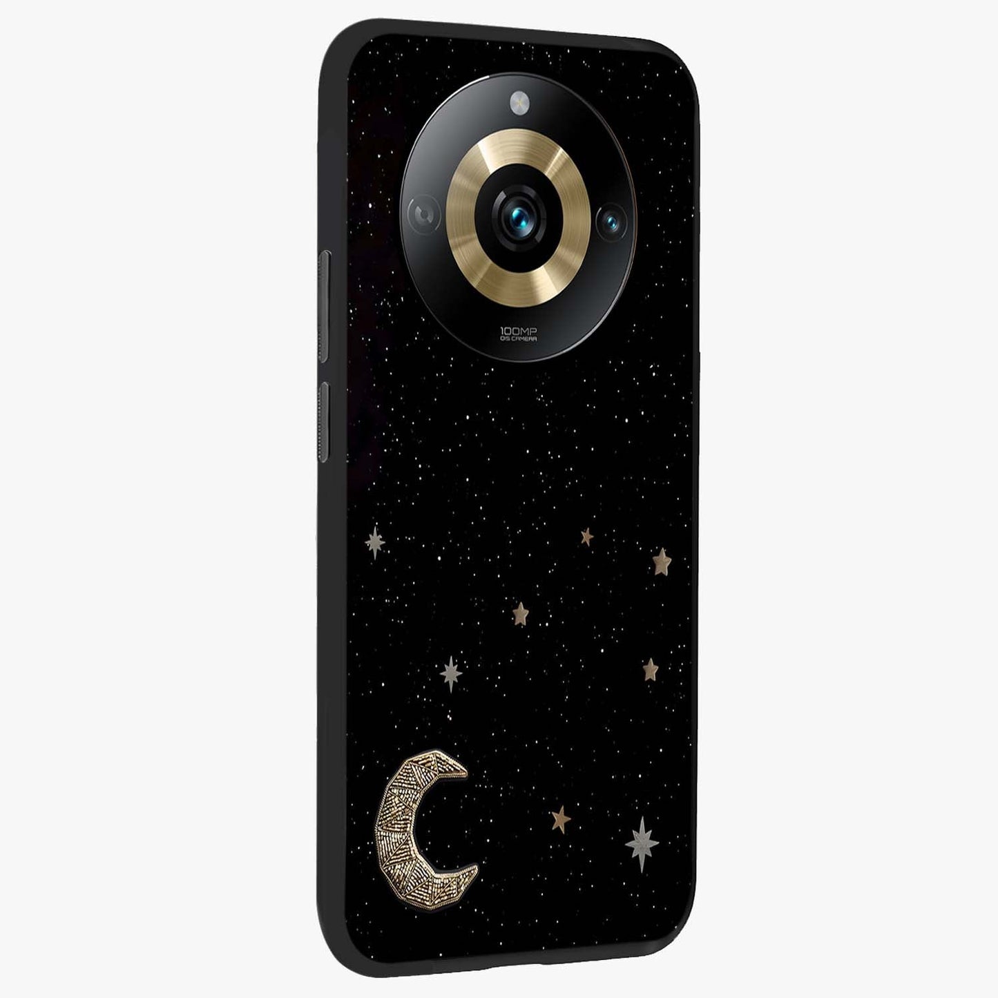 Twinkle Star With Half Moon Glass Case upright view showcasing glowing cosmic artwork with dreamy night theme.