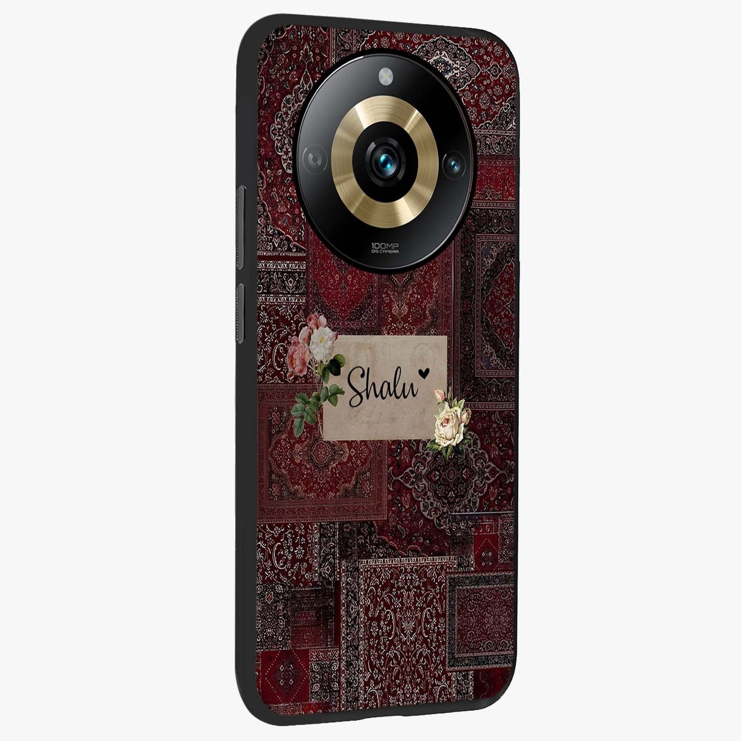 Velvet Wine Pattern Custom Name Glass Case upright view showcasing luxurious wine toned artwork with personalized aesthetic.
