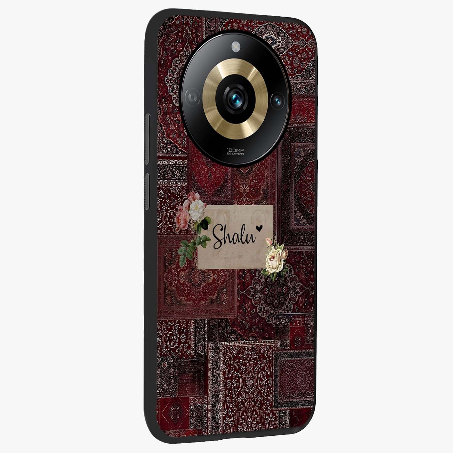 Velvet Wine Pattern Custom Name Glass Case upright view showcasing luxurious wine toned artwork with personalized aesthetic.