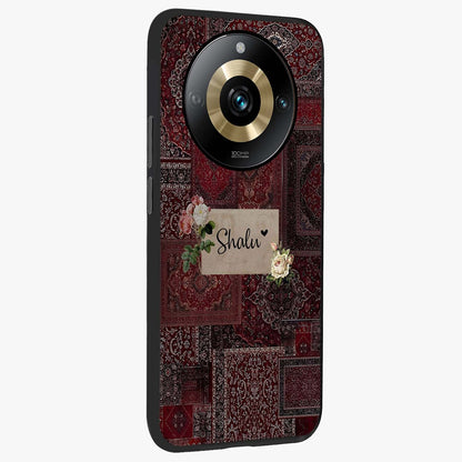 Velvet Wine Pattern Custom Name Glass Case upright view showcasing luxurious wine toned artwork with personalized aesthetic.