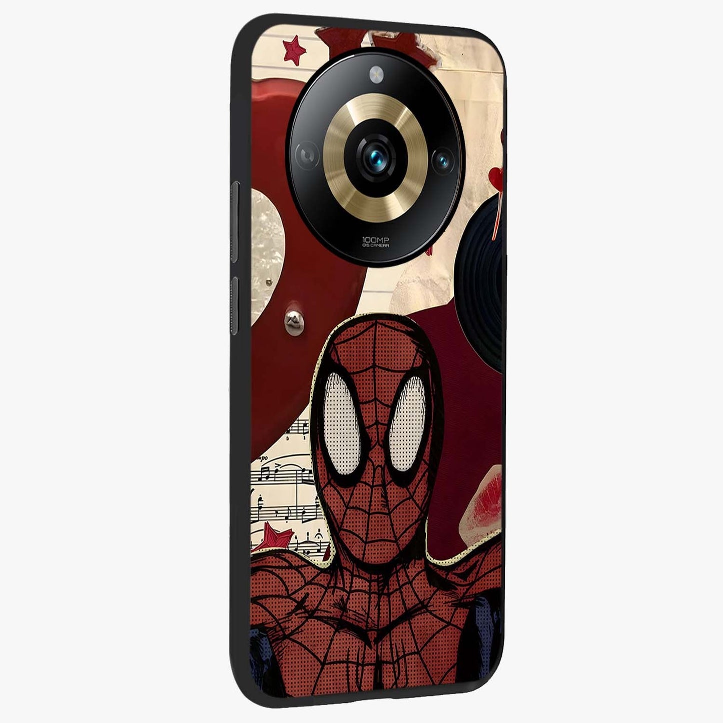 Web Warrior Vibes Glass Case upright view showcasing energetic superhero artwork with bold action theme.