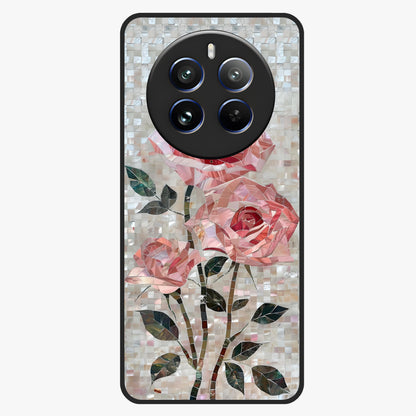 Blush Mosaic Bloom Glass Case showing flat back view with mosaic floral bloom artwork and glossy glass finish.
