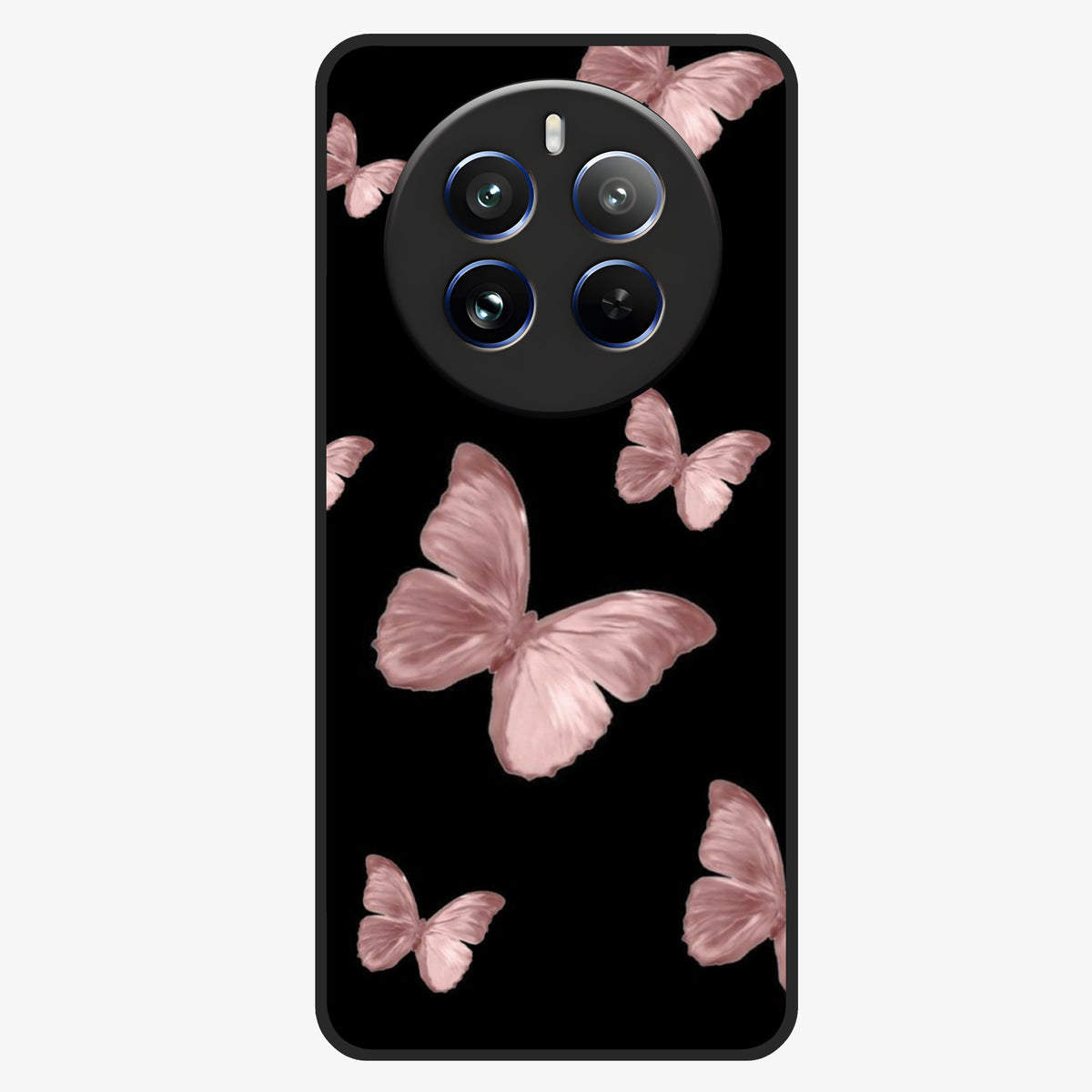 Butterfly Pattern Glass Case showing flat back view with elegant butterfly pattern artwork and glossy glass finish.