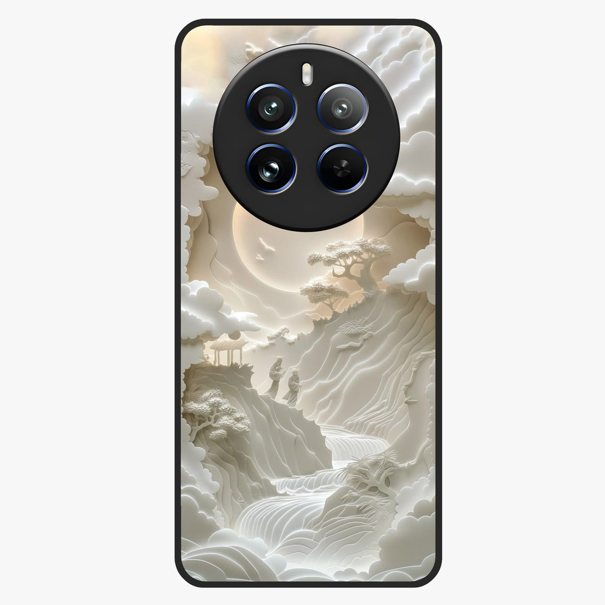 Celestial Origami Glass Case showing flat back view with artistic origami inspired celestial artwork and glossy glass finish.