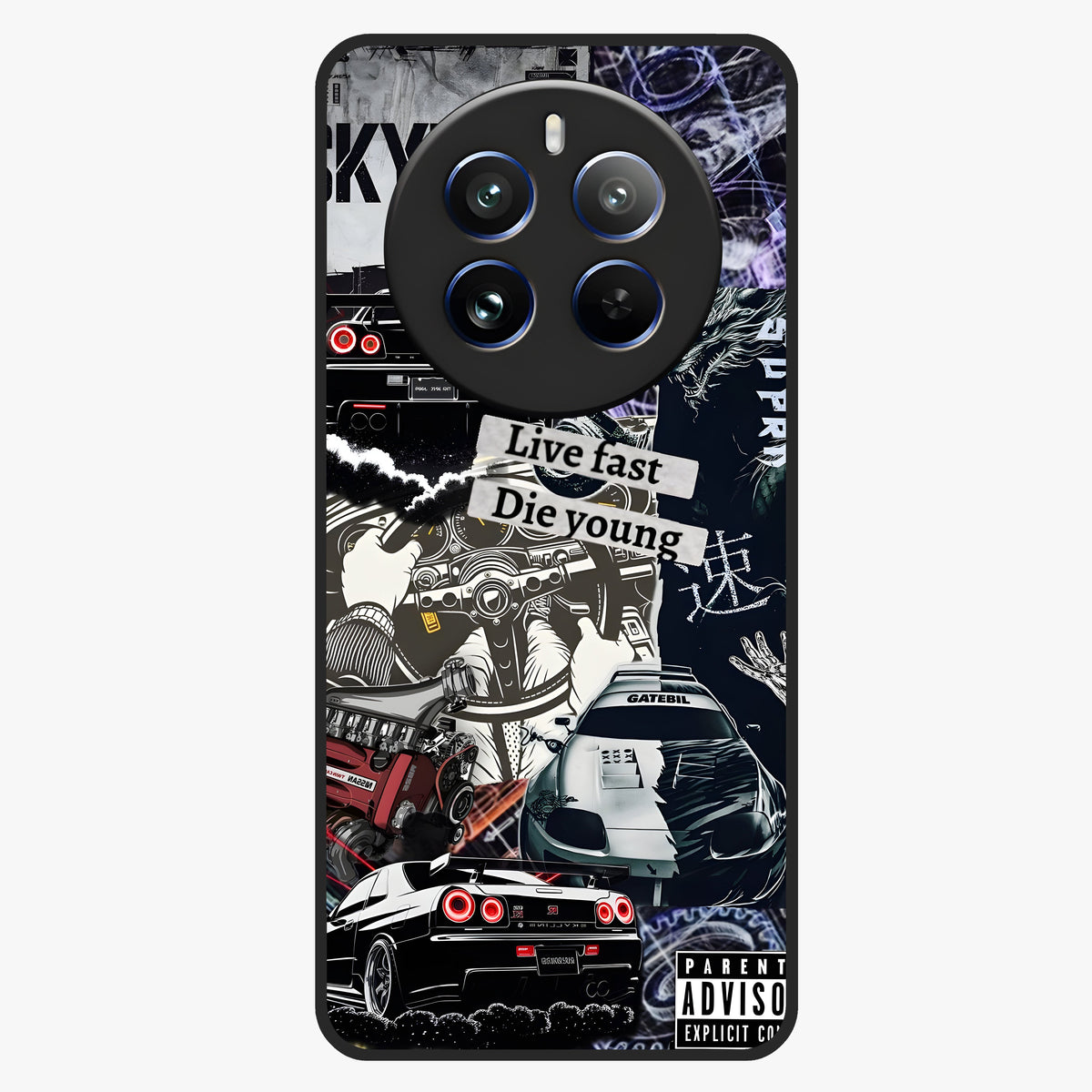 Die Young Glass Case showing flat back view with bold artistic typography design and glossy glass finish.