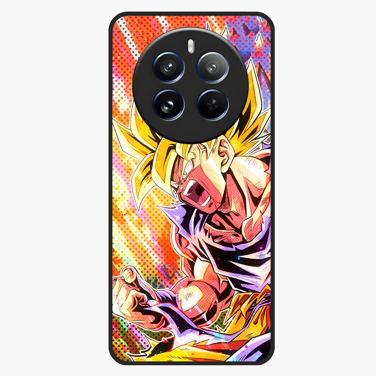 Firing Goku Glass Case showing flat back view with powerful anime inspired artwork and glossy glass finish.