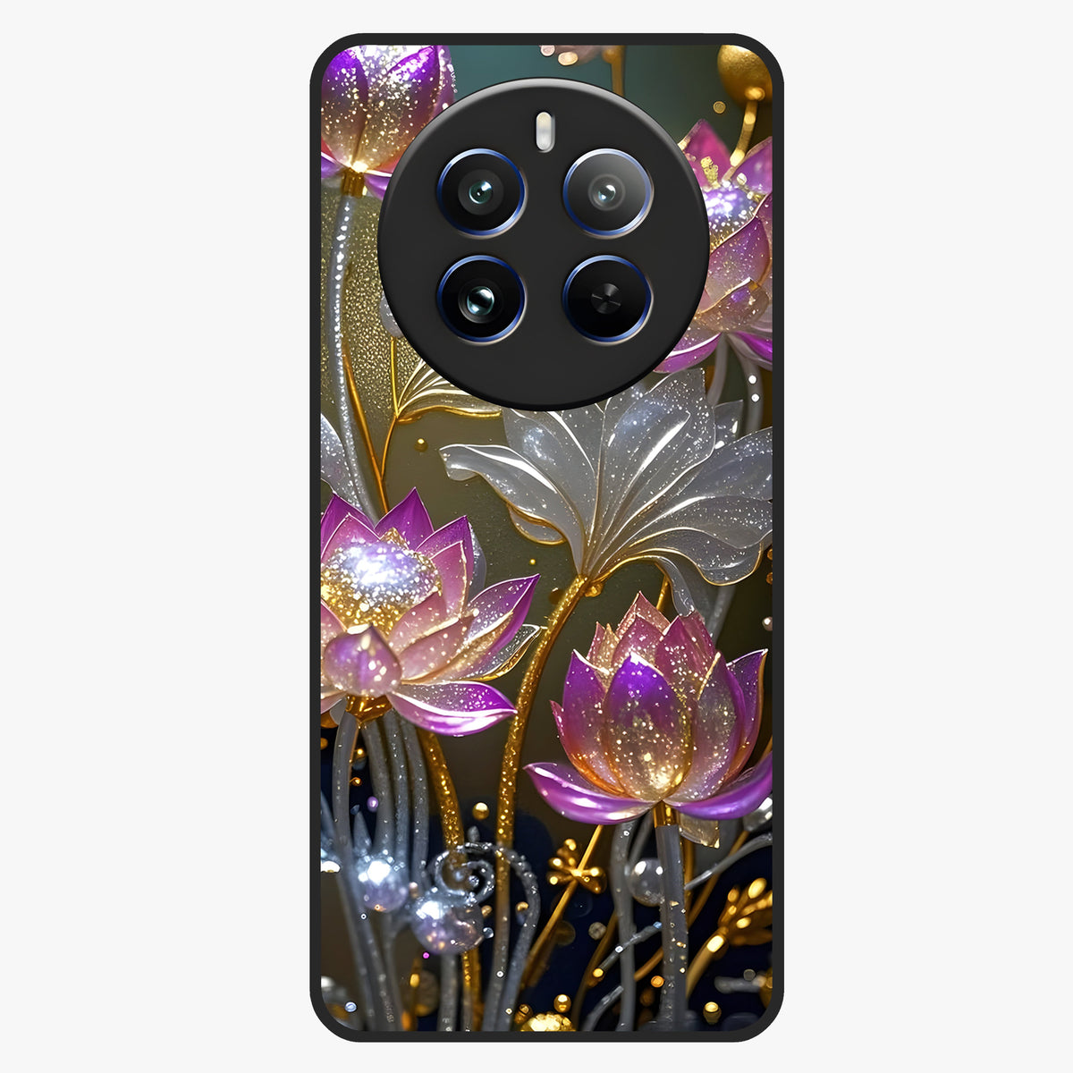 Golden Lotus Glow Glass Case showing flat back view with glowing lotus flower artwork and glossy glass finish.