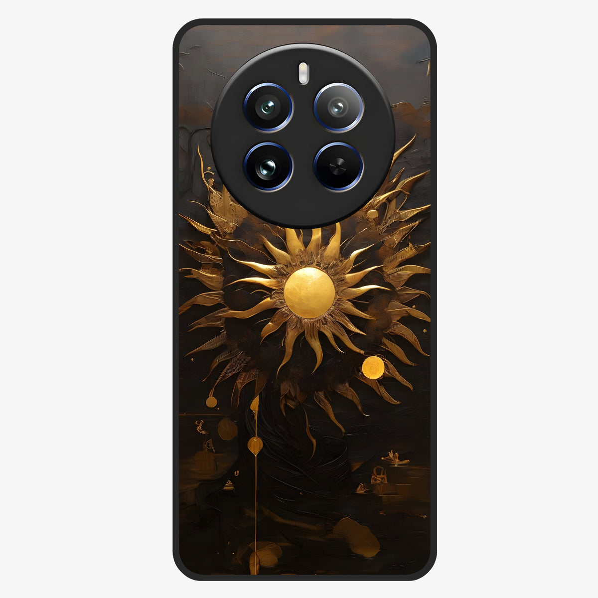 Golden Sun Majesty Glass Case showing flat back view with radiant golden sun artwork and glossy glass finish.