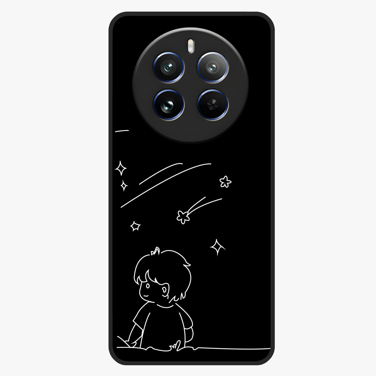 Line Art Boy With Shooting Stars Glass Case showing flat back view with minimal line art boy and shooting stars illustration and glossy glass finish.