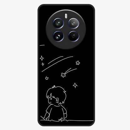 Line Art Boy With Shooting Stars Glass Case showing flat back view with minimal line art boy and shooting stars illustration and glossy glass finish.