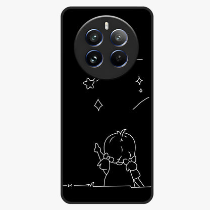 Line Art Girl With Shooting Stars Glass Case showing flat back view with minimal line art girl and shooting stars illustration and glossy glass finish.