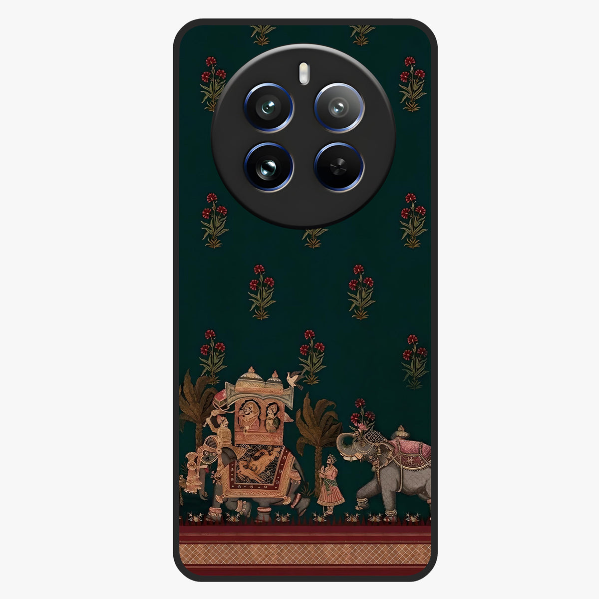 Macmerise Glass Case showing flat back view with stylish modern artwork and glossy glass finish.