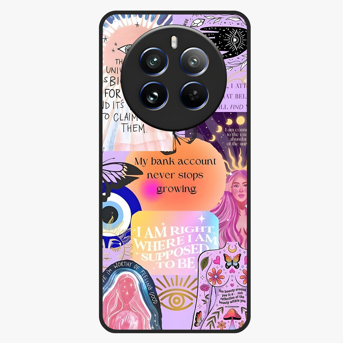 Manifestation Collage Glass Case showing flat back view with motivational collage artwork and glossy glass finish.