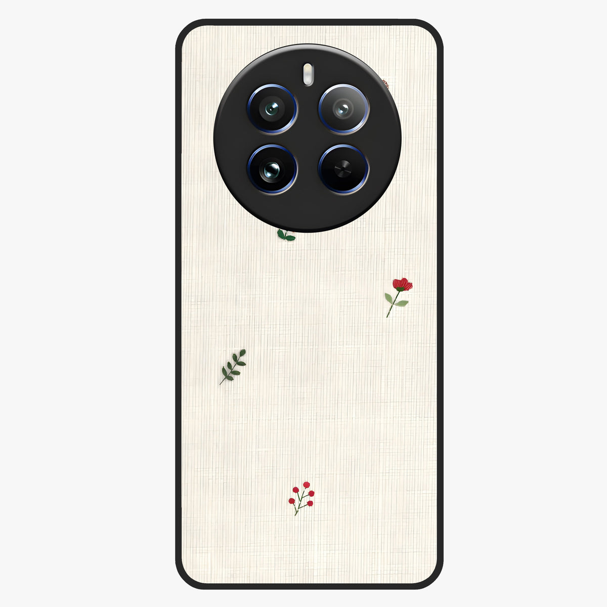 Minimal Petal Whispers Glass Case showing flat back view with soft minimal floral artwork and glossy glass finish.