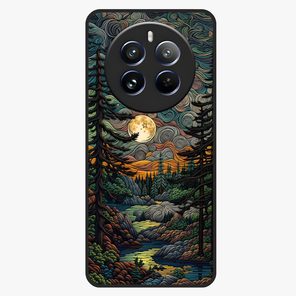 Moonlight Forest Dream Glass Case showing flat back view with mystical forest moonlight artwork and glossy glass finish.