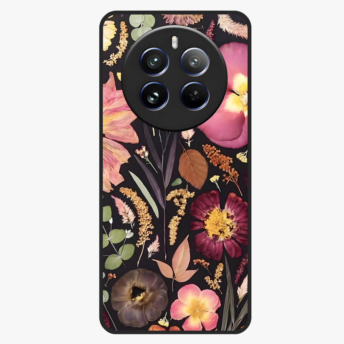 Petal Dream Tapestry Glass Case showing flat back view with intricate floral tapestry artwork and glossy glass finish.