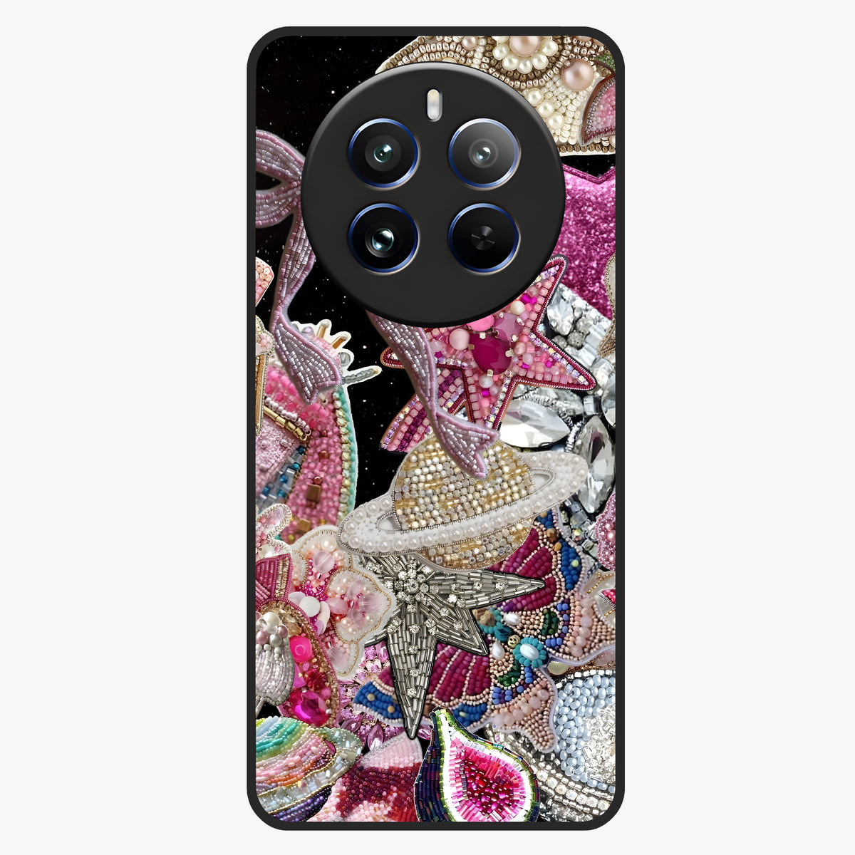 Starlit Jewel Dream Glass Case showing flat back view with sparkling jewel and star themed artwork and glossy glass finish.