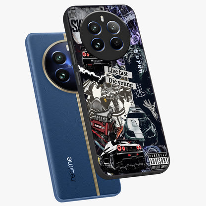 Die Young Glass Case displayed in angled mockup highlighting expressive graphic artwork with edgy aesthetic style.