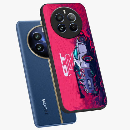 GT-R Car Pattern Glass Case displayed in angled mockup highlighting racing car graphic design with bold automotive aesthetic.