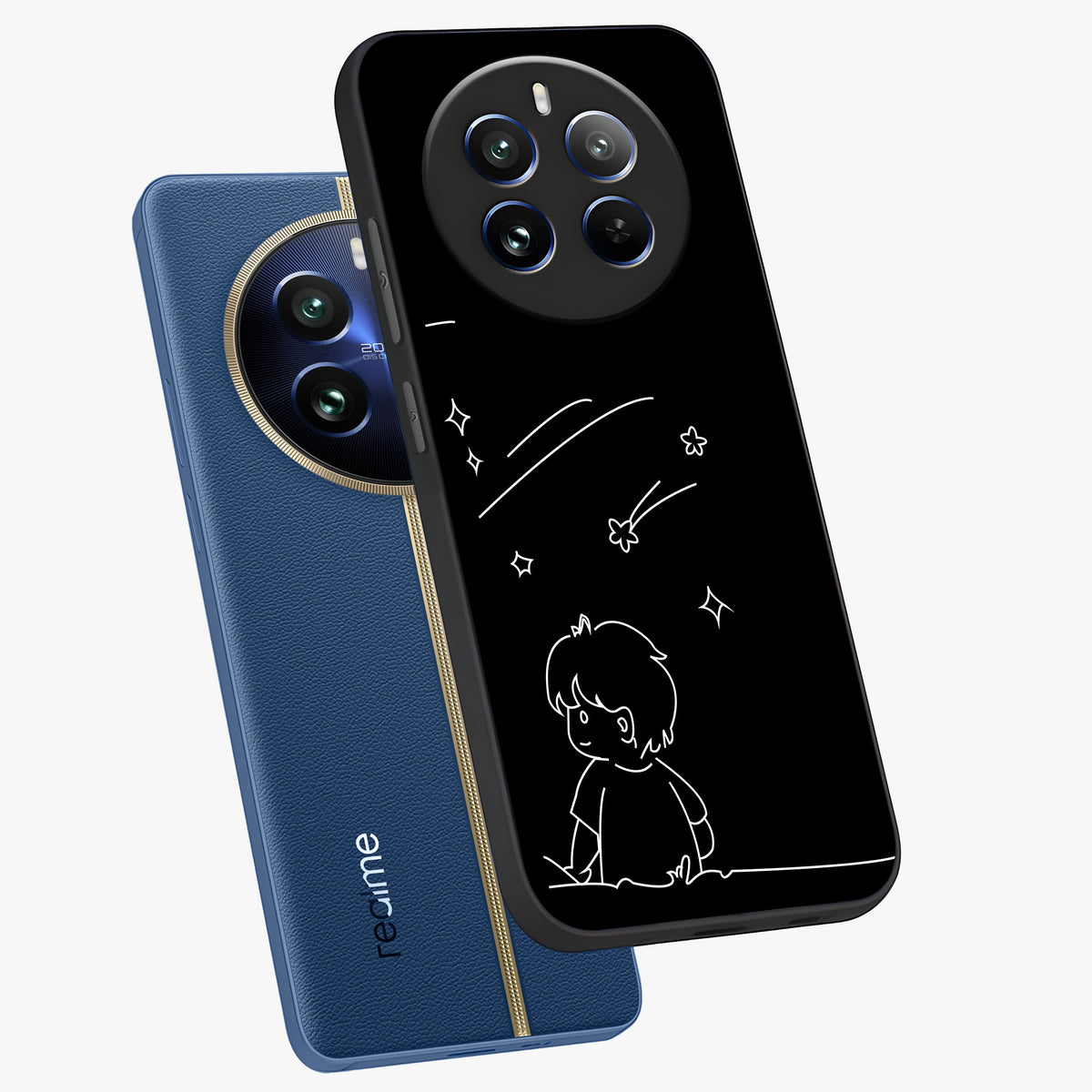 Line Art Boy With Shooting Stars Glass Case displayed in angled mockup highlighting elegant line art design with dreamy star aesthetic.