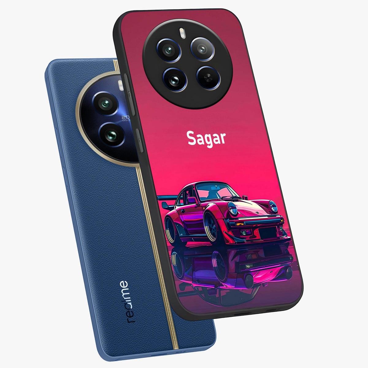 Neon Pink Porsche Glass Case displayed in angled mockup highlighting sleek neon pink car design with racing aesthetic.