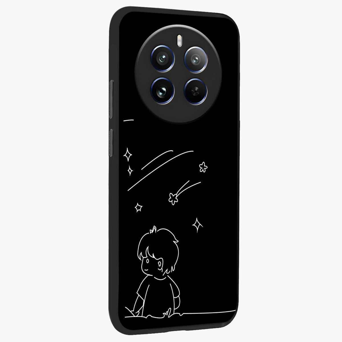Line Art Boy With Shooting Stars Glass Case upright view showcasing artistic shooting star illustration with minimal style.