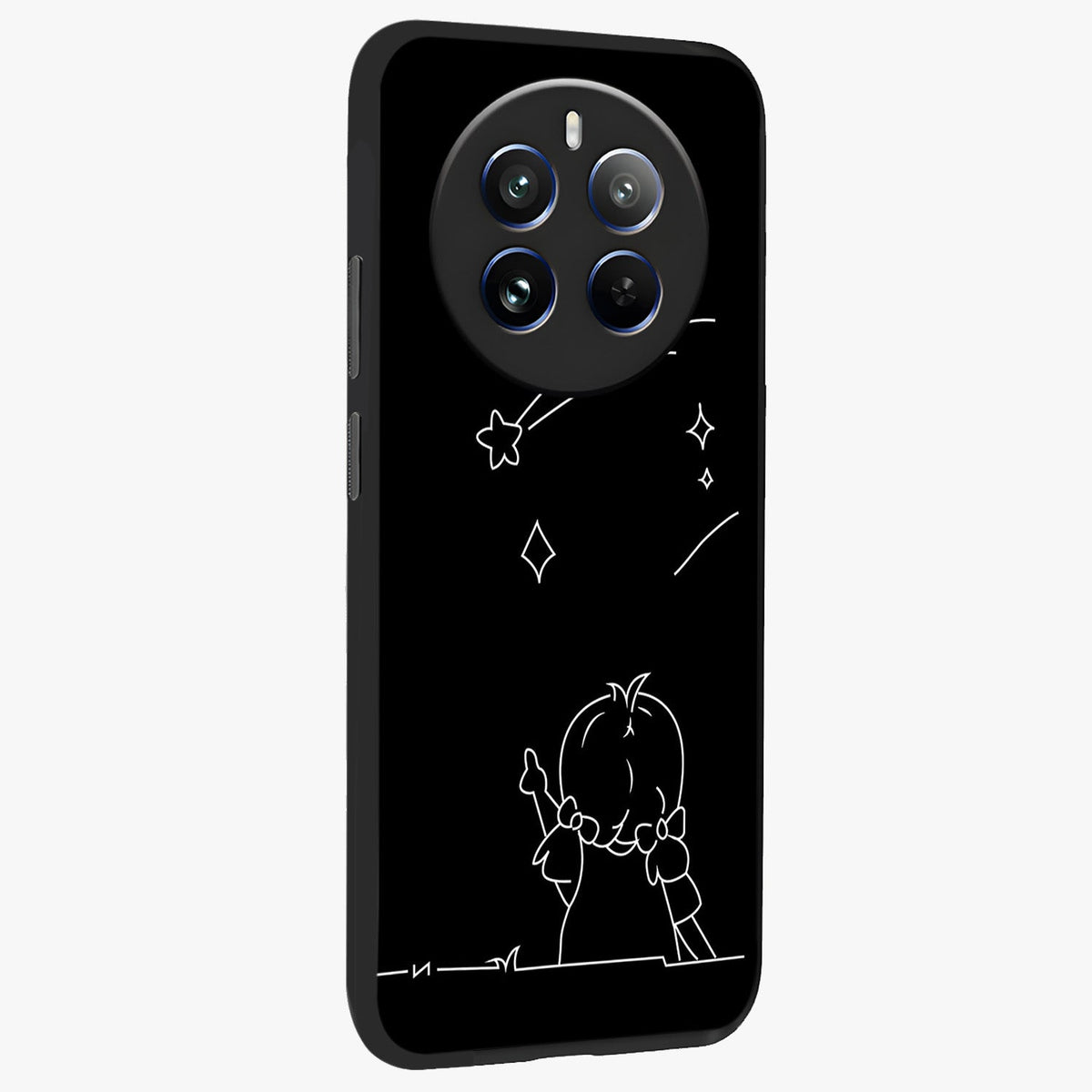 Line Art Girl With Shooting Stars Glass Case upright view showcasing delicate shooting stars artwork with minimal artistic theme.