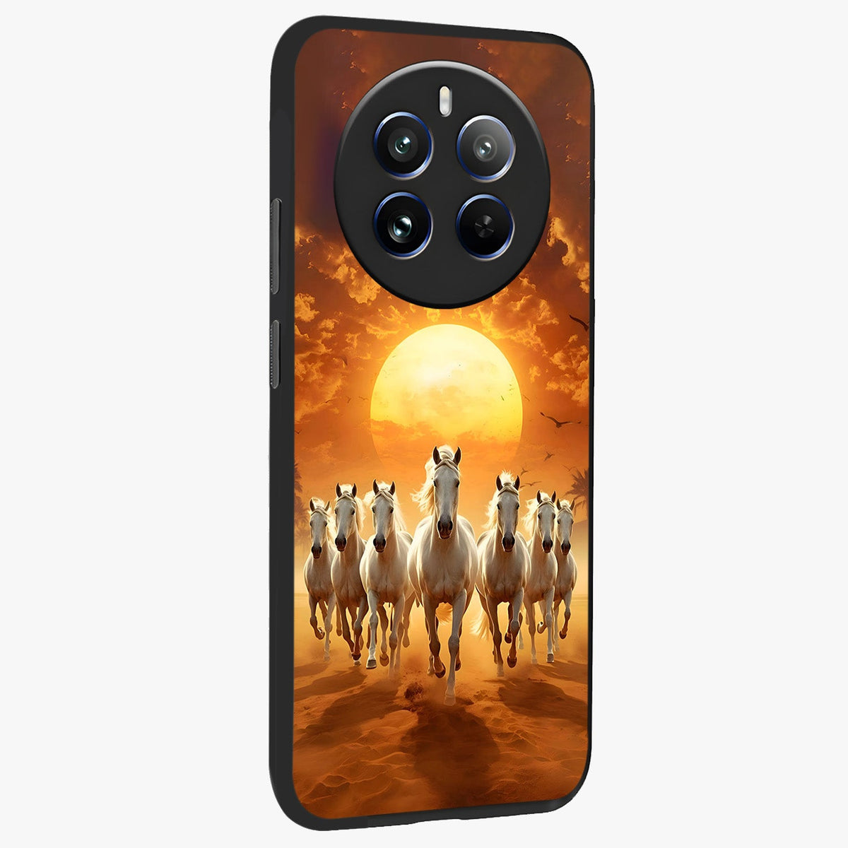 Wild Sunset Majesty Glass Case upright view showcasing dramatic sunset artwork with bold nature theme.