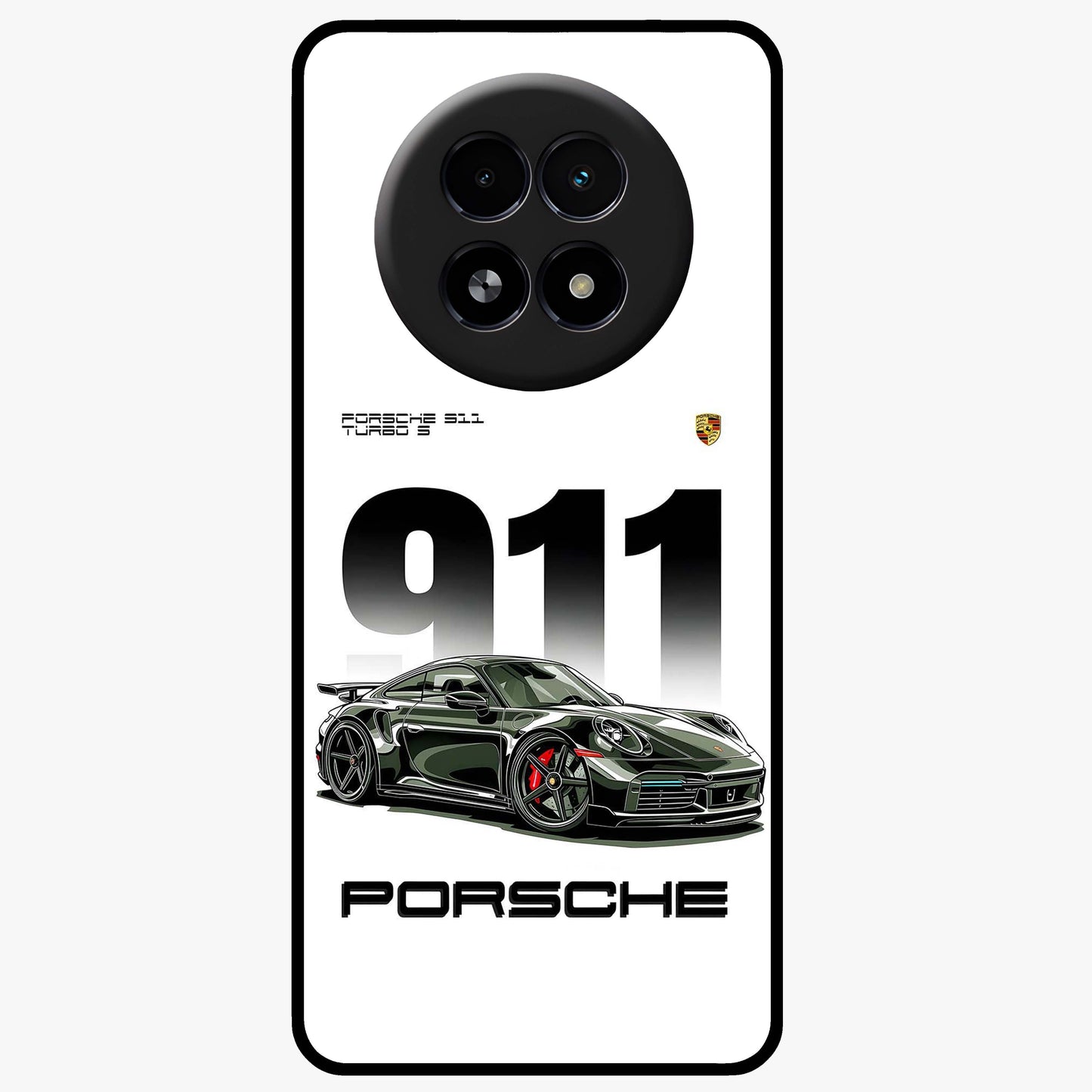 911 Turbo Dominance Glass Case showing clean flat back view with bold 911 sports car artwork and glossy glass finish.