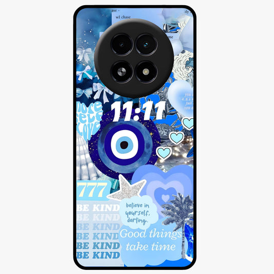 Aesthetic Be Kind Eye Glass Case showing flat back view with motivational eye artwork and glossy glass finish.