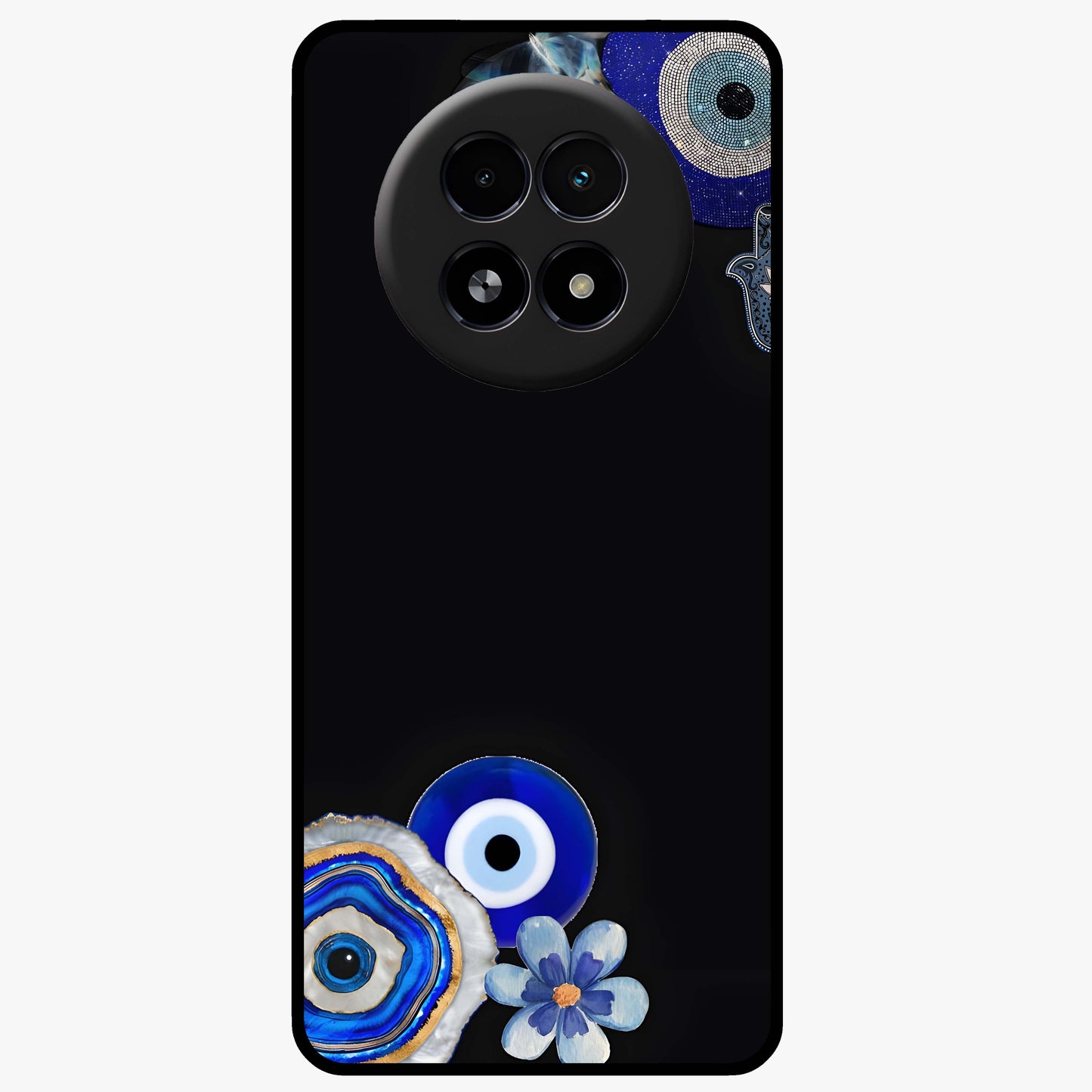 Aesthetic Blue Evil Eye Glass Case showing flat back view with protective evil eye artwork and glossy glass finish.