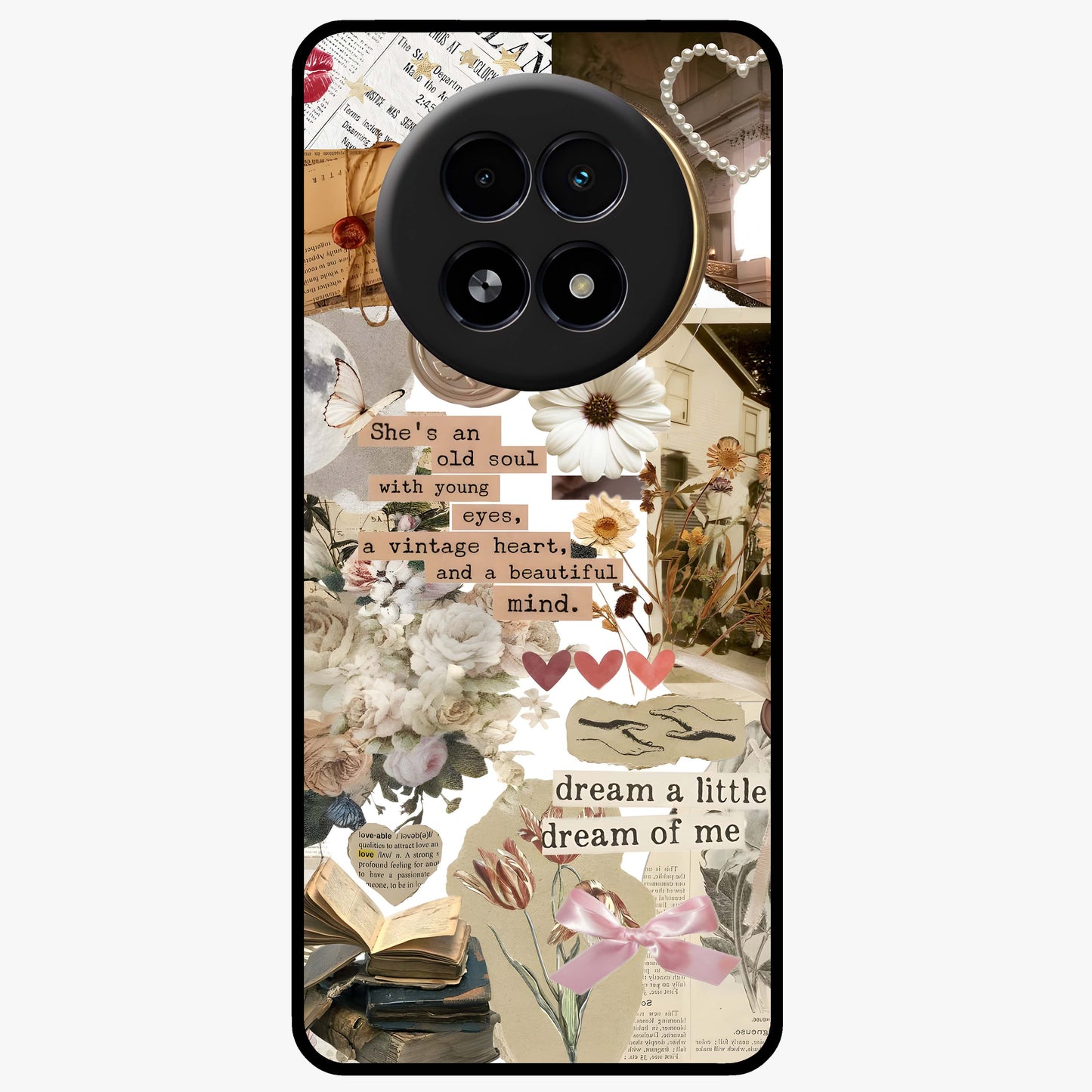 Aesthetic Brown Vintage Collage Glass Case showing flat back view with retro collage artwork and glossy glass finish.