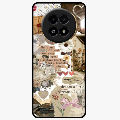Aesthetic Brown Vintage Collage Glass Case showing flat back view with retro collage artwork and glossy glass finish.
