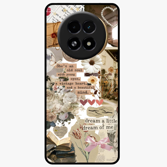 Aesthetic Brown Vintage Collage Glass Case showing flat back view with retro collage artwork and glossy glass finish.