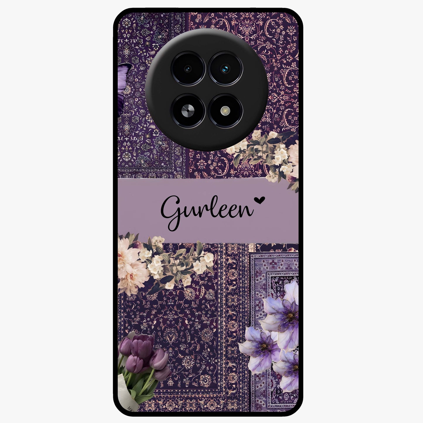 Antique Floral Whisper Custom Name Glass Case showing flat back view with vintage floral artwork and personalized name design.