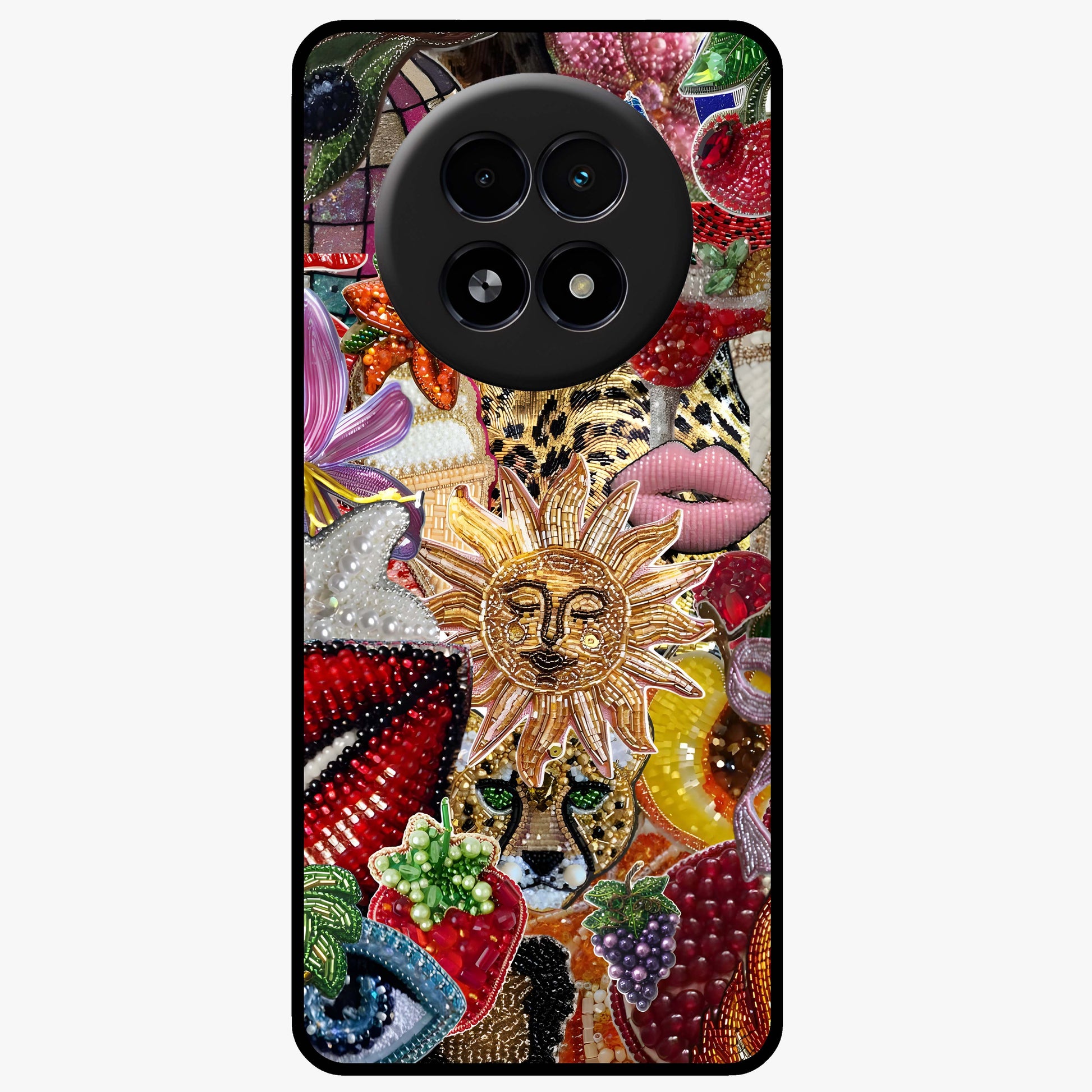 Beaded Fashion Jungle Glass Case showing flat back view with vibrant jungle inspired bead artwork and glossy glass finish.