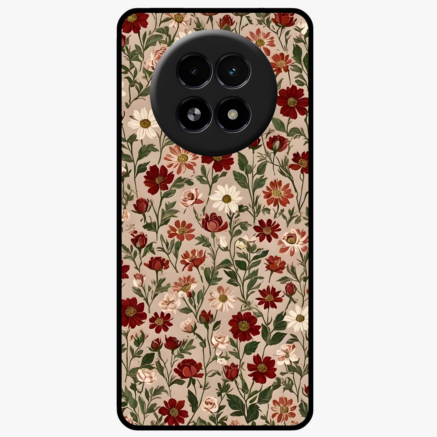 Biege Flower With Leaf Glass Case showing flat back view with soft beige floral artwork and glossy glass finish.