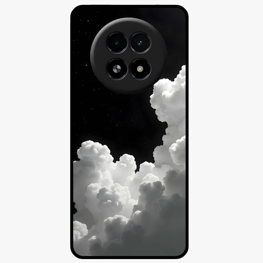 Black Background With White Cloud Glass Case showing flat back view with minimal cloud artwork on dark background and glossy glass finish.