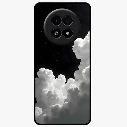 Black Background With White Cloud Glass Case showing flat back view with minimal cloud artwork on dark background and glossy glass finish.
