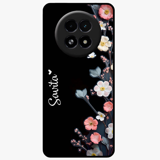 Black Elegance Floral Custom Name Glass Case showing flat back view with elegant floral artwork and personalized name design.