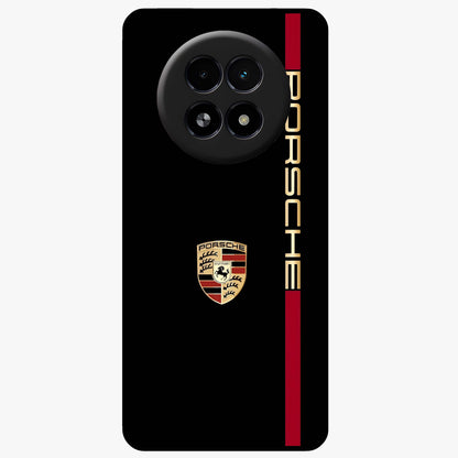 Black Minimal Porsche Glass Case showing flat back view with sleek minimal sports car artwork and glossy glass finish.