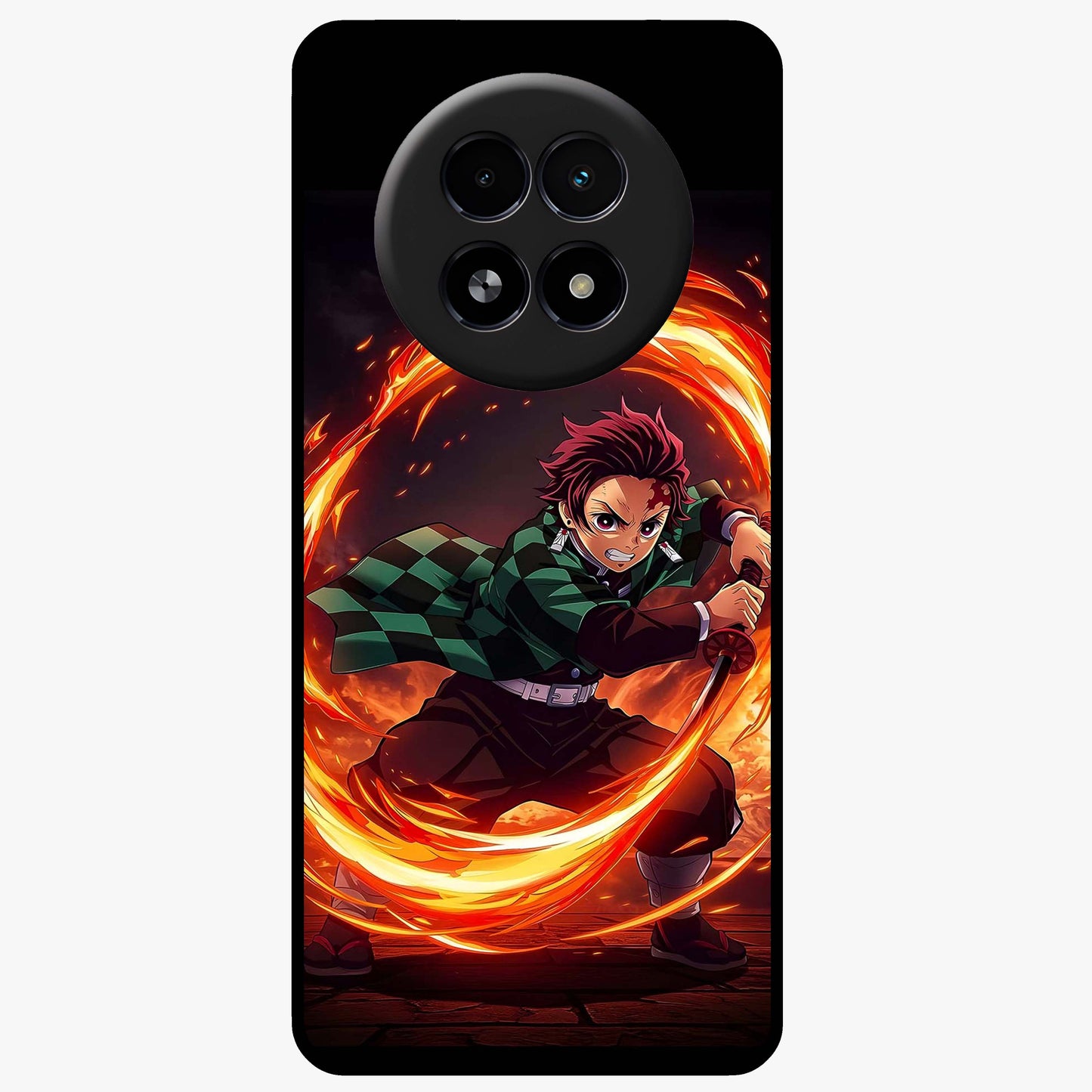 Blazing Sword Resolve Glass Case showing flat back view with fiery sword artwork and glossy glass finish.