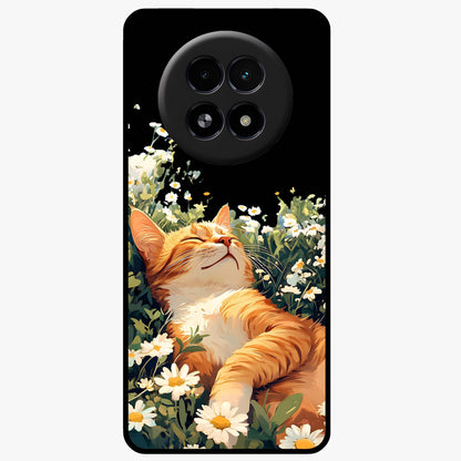 Blissful Bloom Cat Glass Case showing flat back view with cute cat and floral bloom artwork and glossy glass finish.