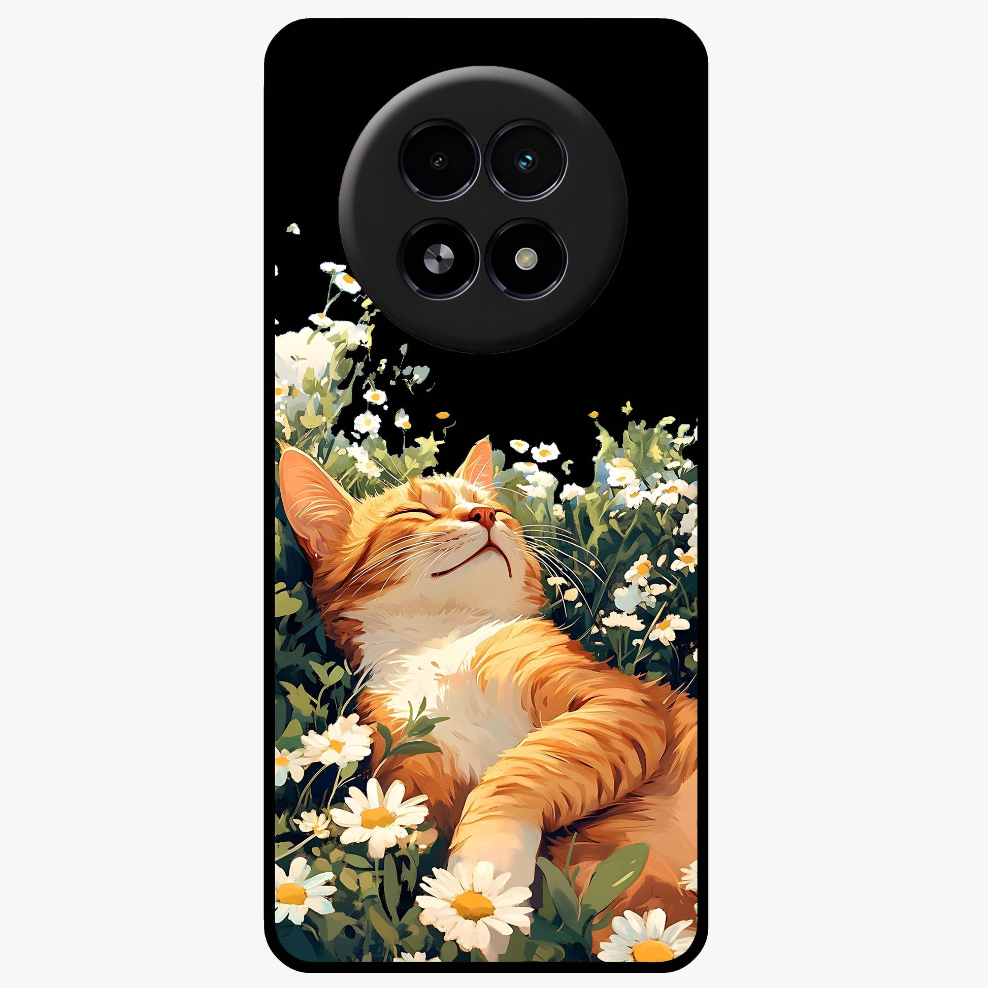 Blissful Bloom Cat Glass Case showing flat back view with cute cat and floral bloom artwork and glossy glass finish.
