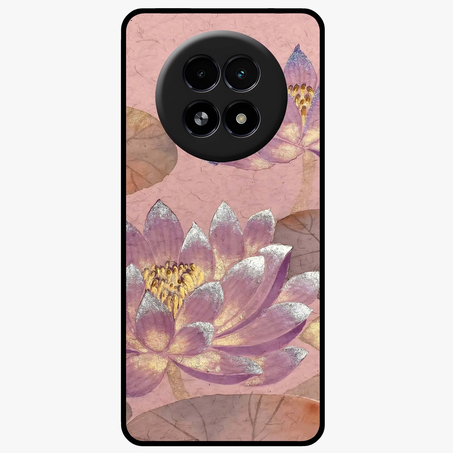Blossom Mist Lotus Glass Case showing flat back view with serene lotus blossom artwork and glossy glass finish.