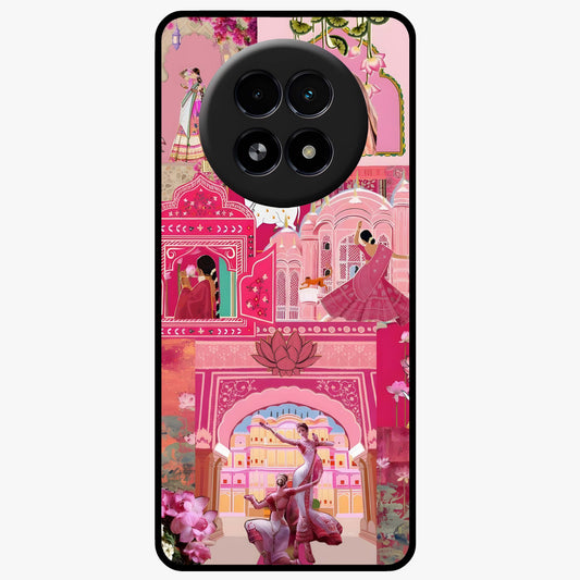 Blossoms of Rajasthan Glass Case showing flat back view with traditional floral artwork inspired by Rajasthan and glossy glass finish.