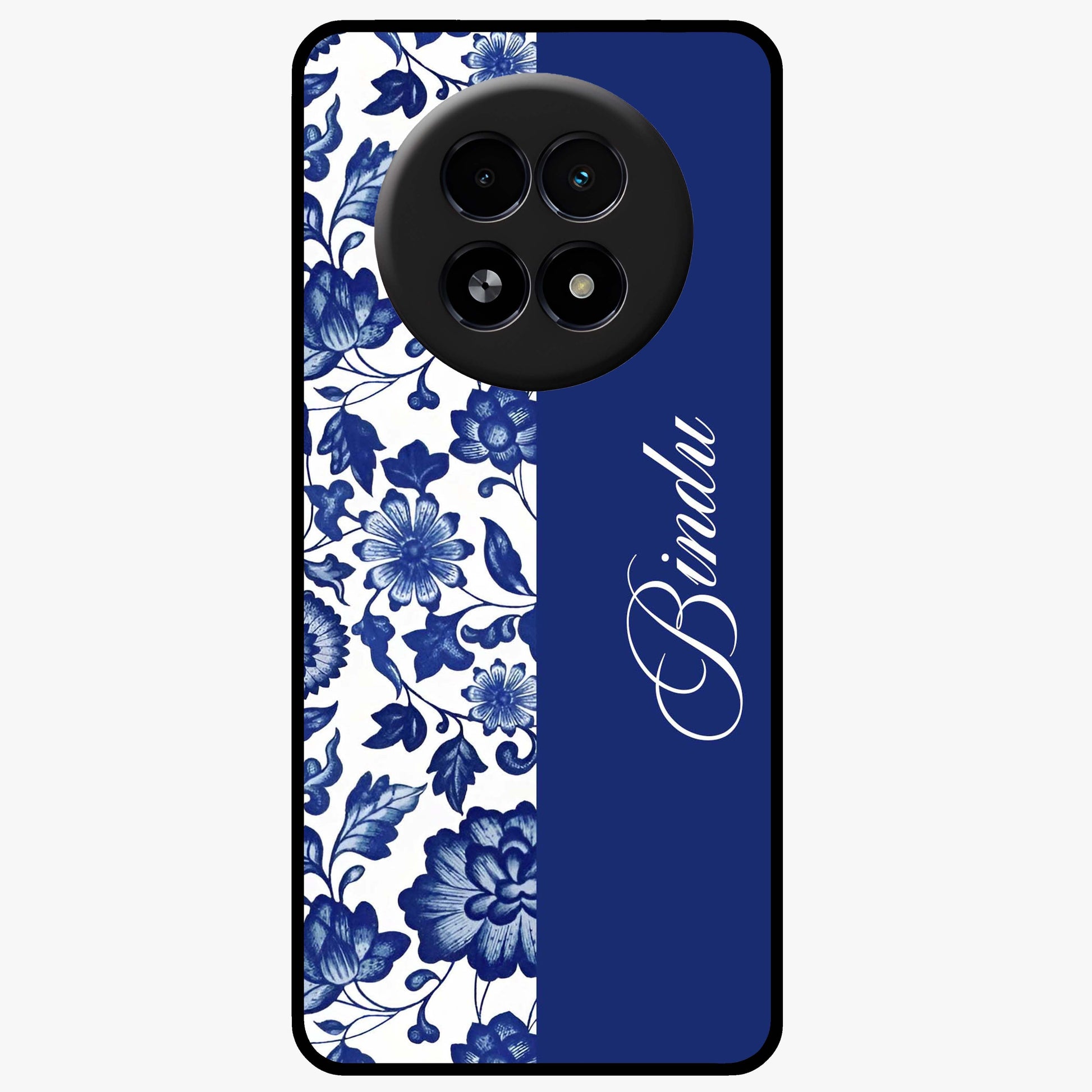 Blue Vintage Floral Pattern Glass Case upright view showcasing timeless floral illustration with vintage inspired style.